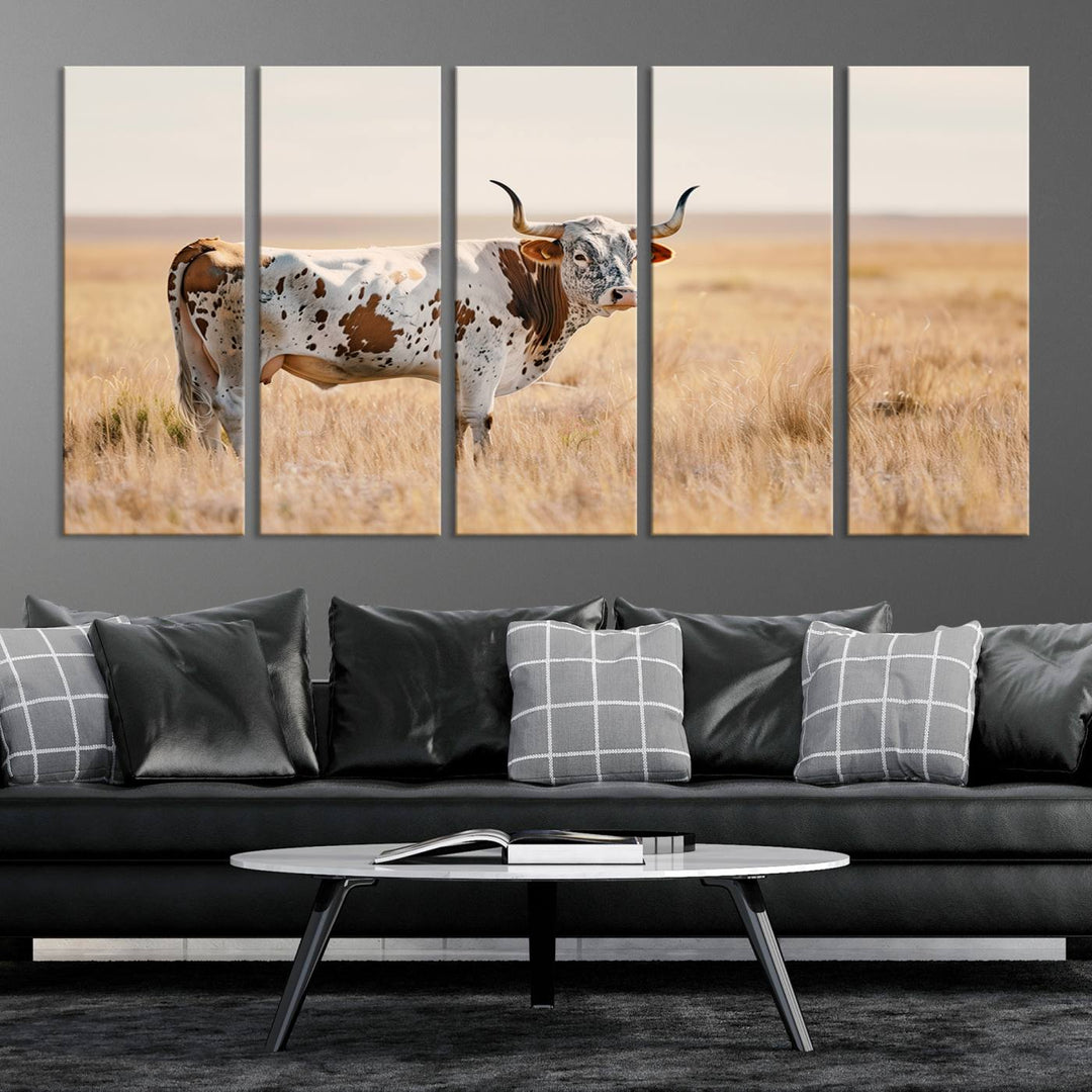 Texas Cow Longhorn Wall Art Canvas Print for Farm House Wall Decor, Farmhouse Wall Art Print