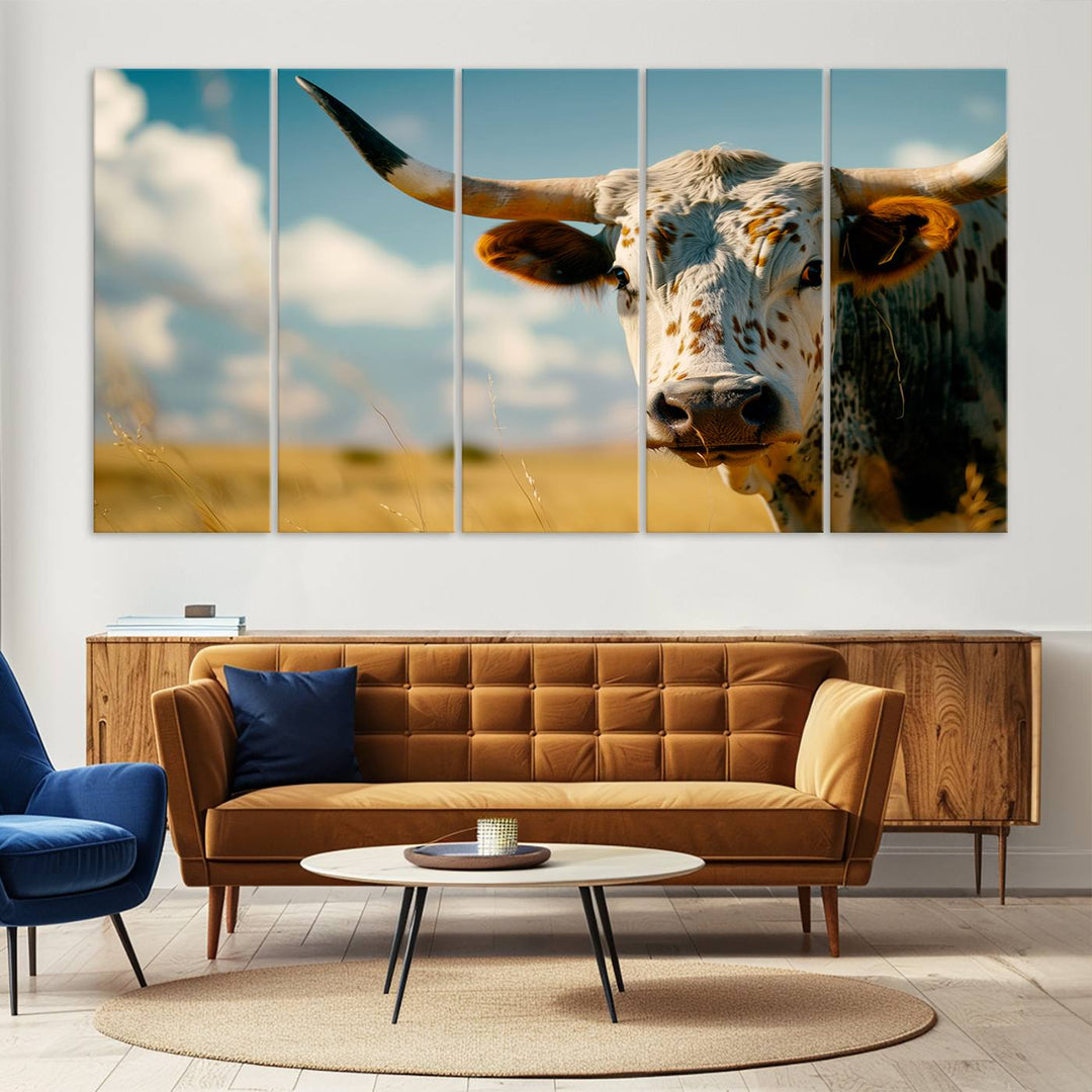 Texas Cow Longhorn Wall Art Canvas Print for Farm House Wall Decor, Farmhouse Wall Art Print