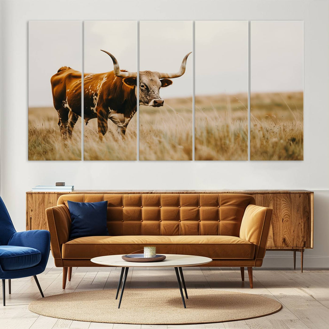 Texas Cow Longhorn Wall Art Canvas Print for Farm House Wall Decor, Farmhouse Wall Art Print