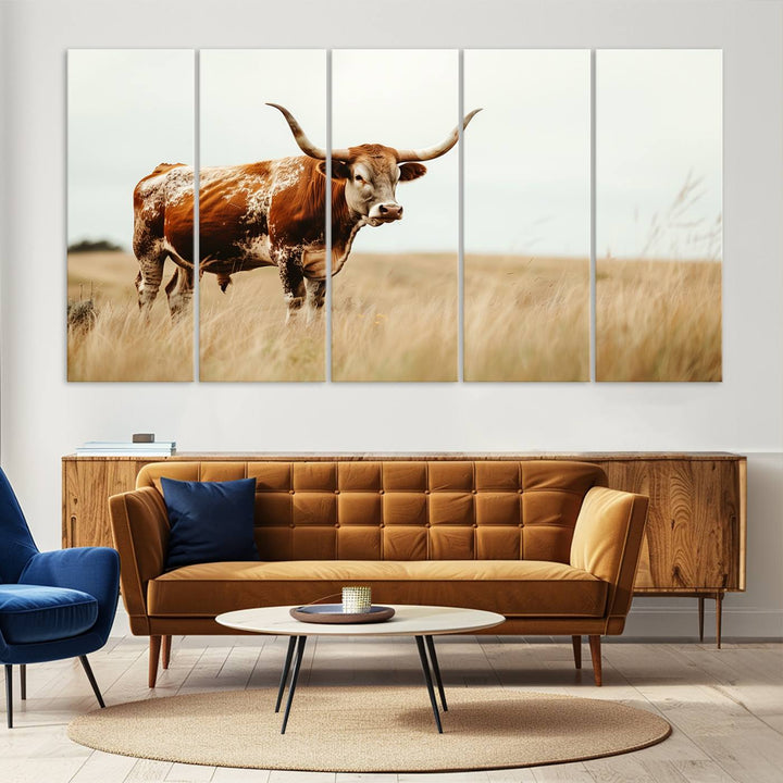 Texas Cow Longhorn Wall Art Canvas Print for Farm House Wall Decor, Farmhouse Wall Art Print