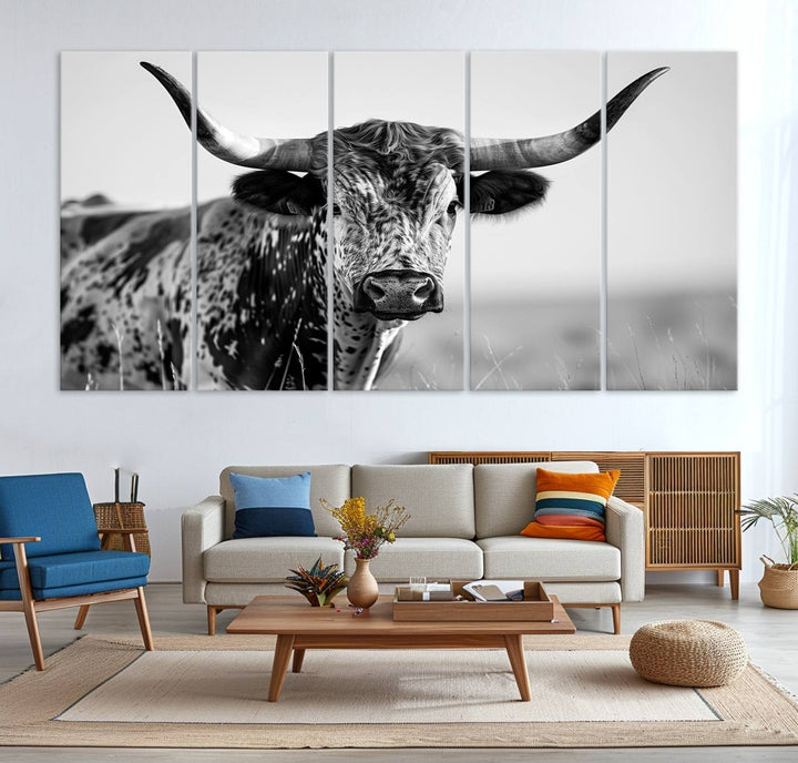 Texas Cow Longhorn Wall Art Canvas Print for Farm House Wall Decor, Farmhouse Wall Art Print