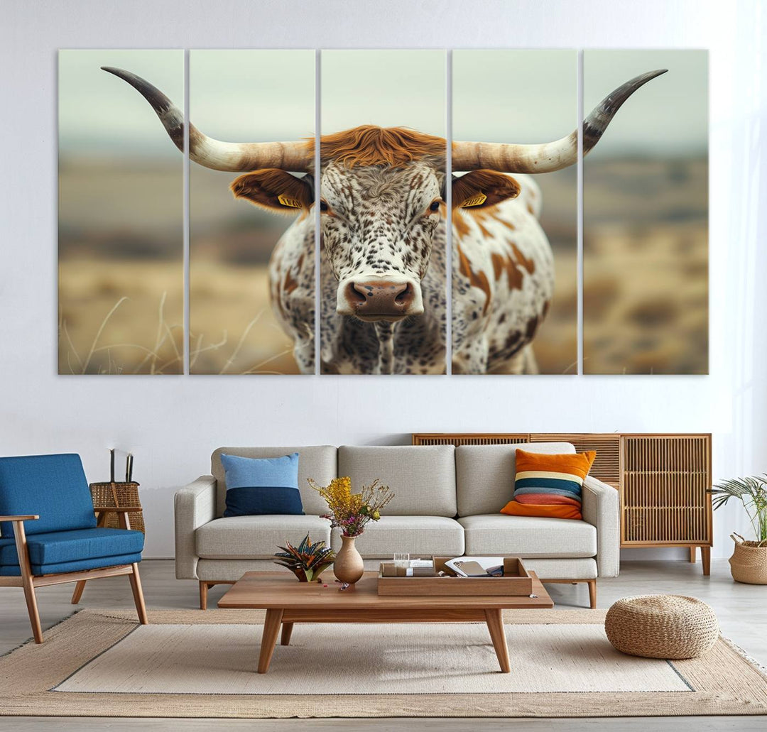 Texas Cow Longhorn Wall Art Canvas Print for Farm House Wall Decor, Farmhouse Wall Art Print