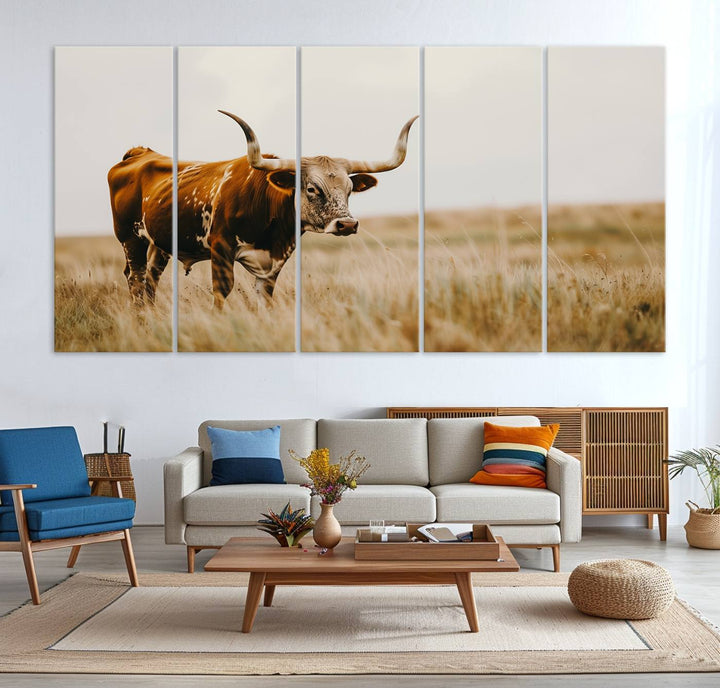 Texas Cow Longhorn Wall Art Canvas Print for Farm House Wall Decor, Farmhouse Wall Art Print