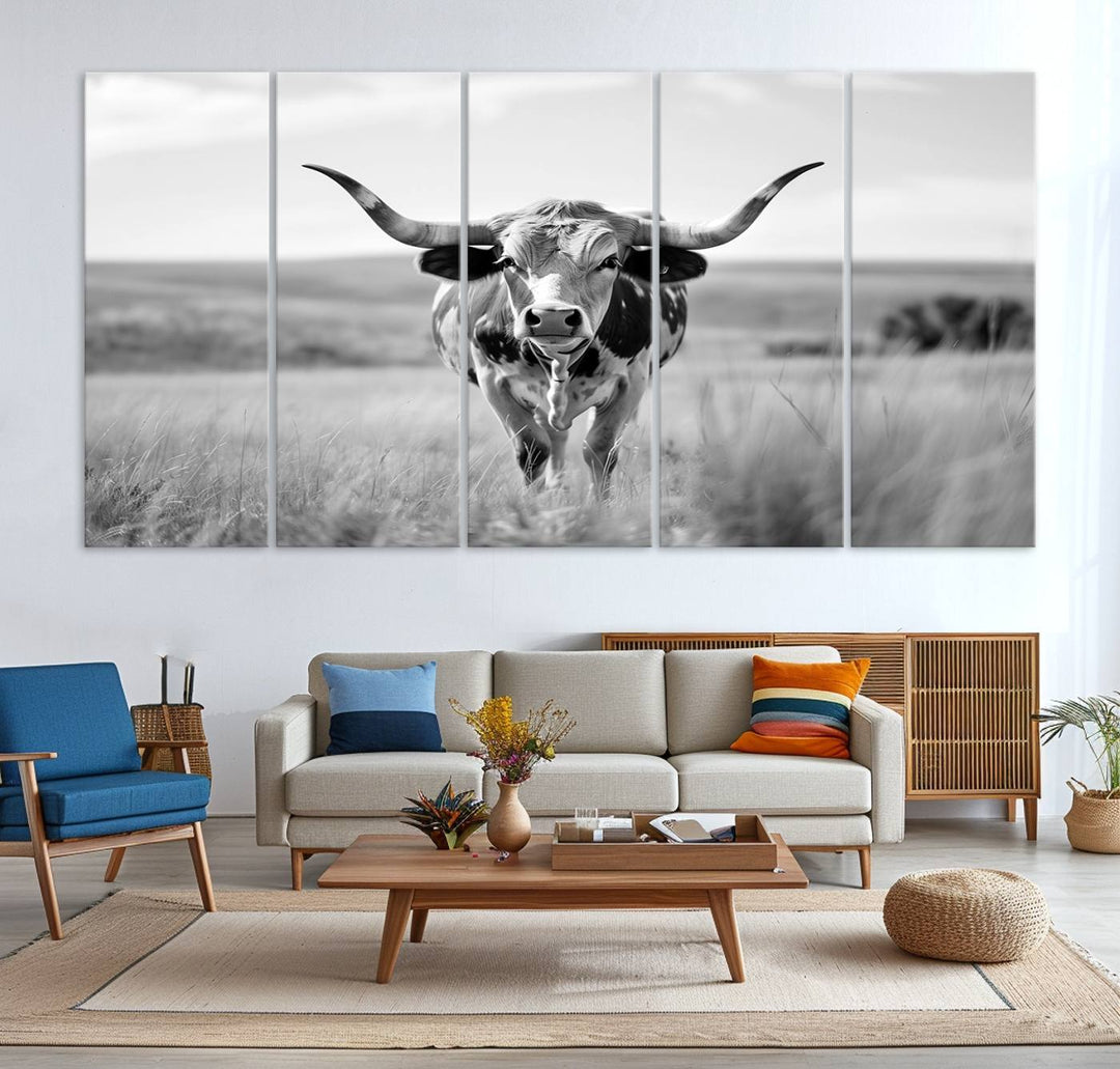 Texas Cow Longhorn Wall Art Canvas Print for Farm House Wall Decor, Farmhouse Wall Art Print