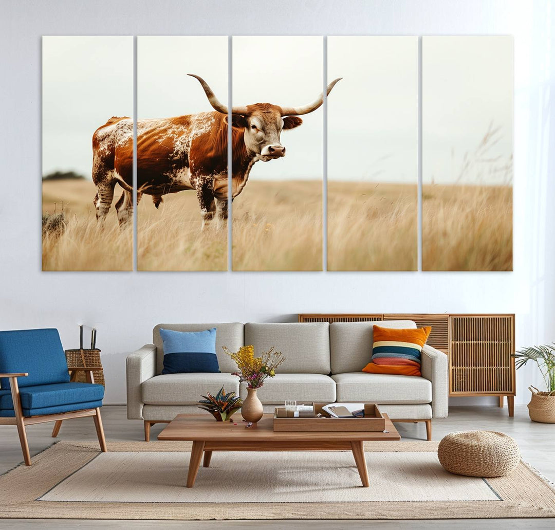 Texas Cow Longhorn Wall Art Canvas Print for Farm House Wall Decor, Farmhouse Wall Art Print