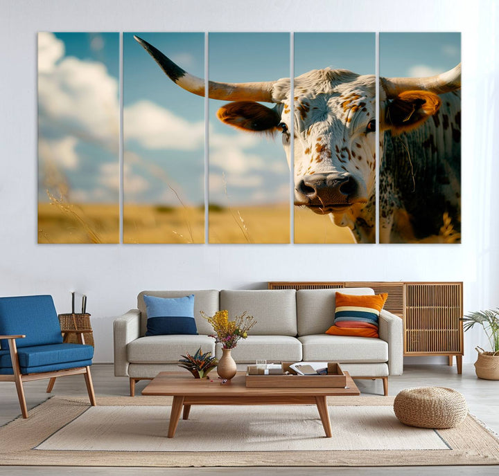 Texas Cow Longhorn Wall Art Canvas Print for Farm House Wall Decor, Farmhouse Wall Art Print