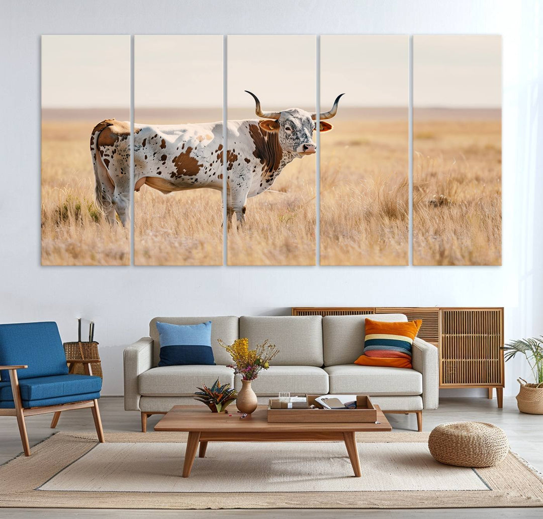 Texas Cow Longhorn Wall Art Canvas Print for Farm House Wall Decor, Farmhouse Wall Art Print