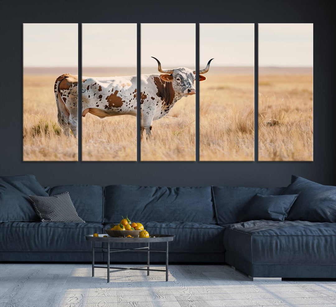 Texas Cow Longhorn Wall Art Canvas Print for Farm House Wall Decor, Farmhouse Wall Art Print