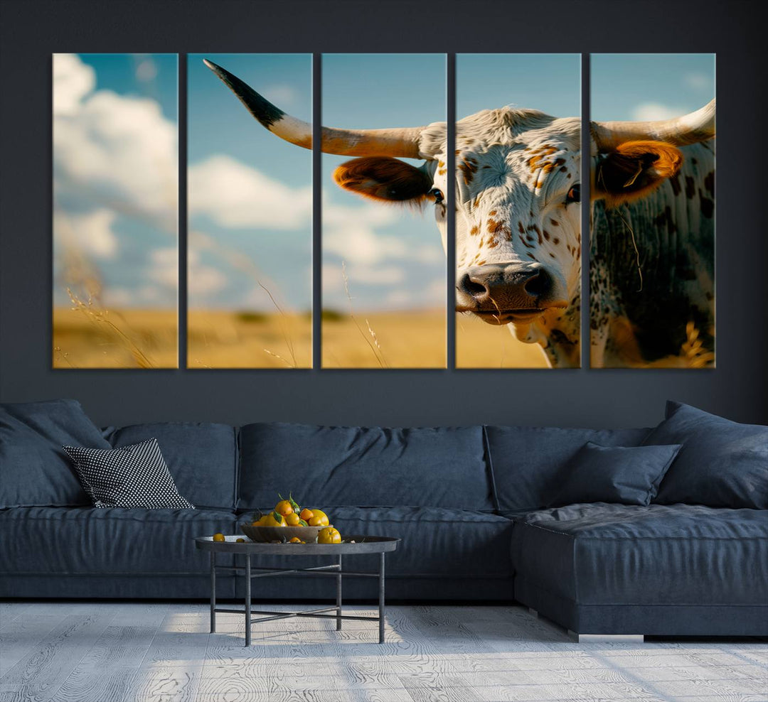 Texas Cow Longhorn Wall Art Canvas Print for Farm House Wall Decor, Farmhouse Wall Art Print