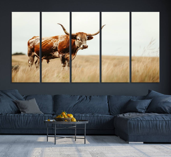 Texas Cow Longhorn Wall Art Canvas Print for Farm House Wall Decor, Farmhouse Wall Art Print