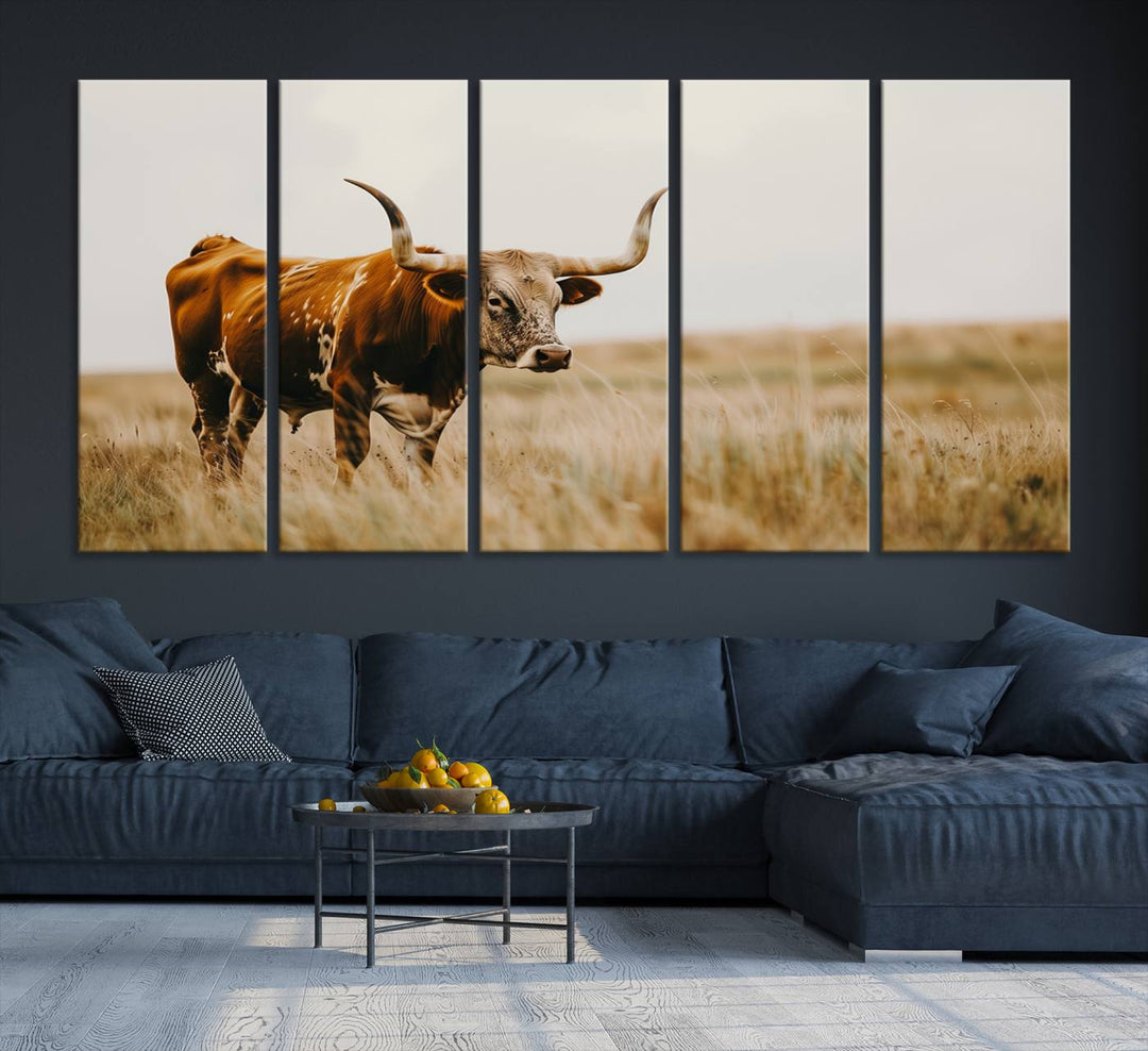 Texas Cow Longhorn Wall Art Canvas Print for Farm House Wall Decor, Farmhouse Wall Art Print