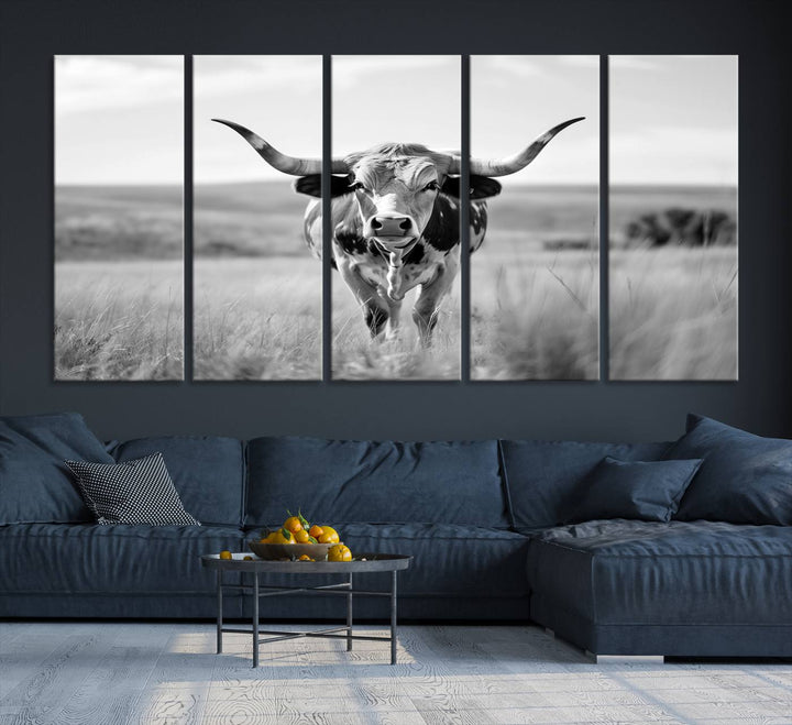 Texas Cow Longhorn Wall Art Canvas Print for Farm House Wall Decor, Farmhouse Wall Art Print