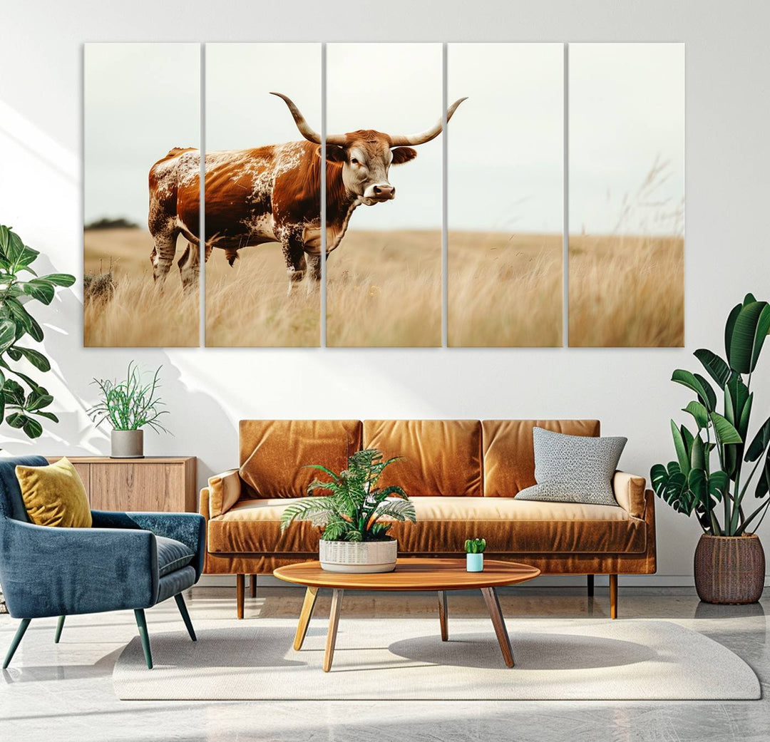 Texas Cow Longhorn Wall Art Canvas Print for Farm House Wall Decor, Farmhouse Wall Art Print