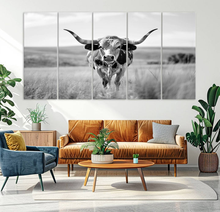 Texas Cow Longhorn Wall Art Canvas Print for Farm House Wall Decor, Farmhouse Wall Art Print