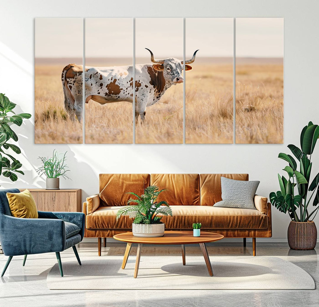 Texas Cow Longhorn Wall Art Canvas Print for Farm House Wall Decor, Farmhouse Wall Art Print