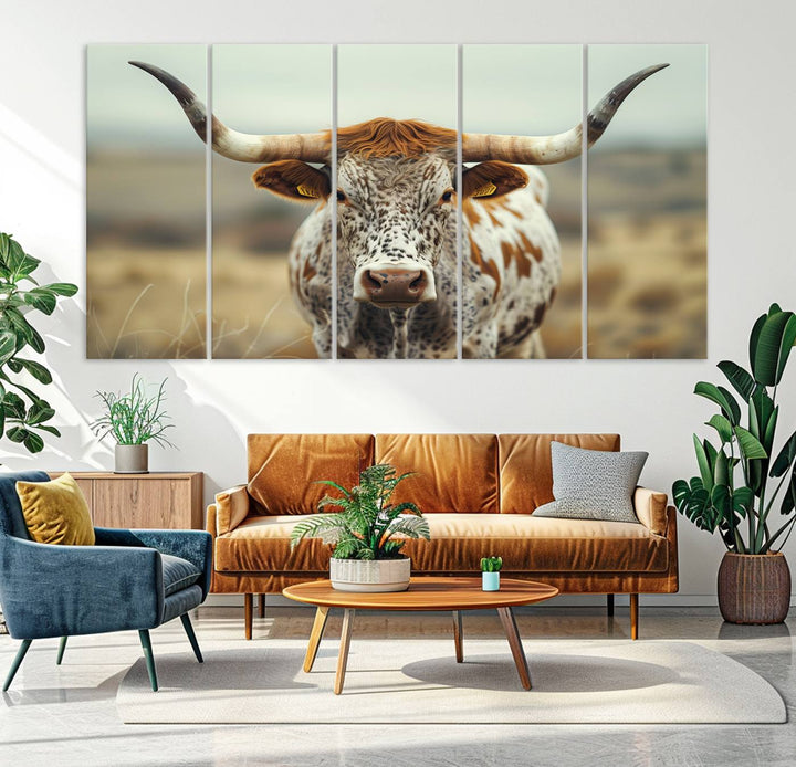 Texas Cow Longhorn Wall Art Canvas Print for Farm House Wall Decor, Farmhouse Wall Art Print