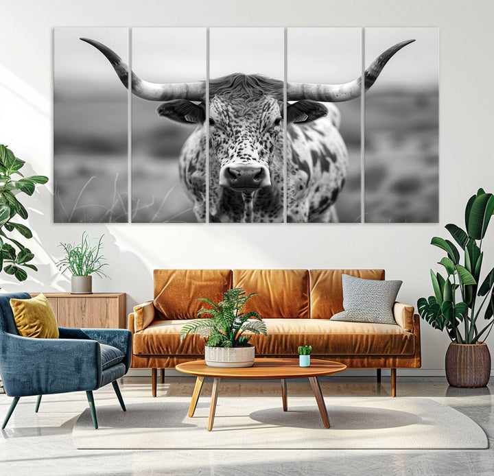 Texas Cow Longhorn Wall Art Canvas Print for Farm House Wall Decor, Farmhouse Wall Art Print