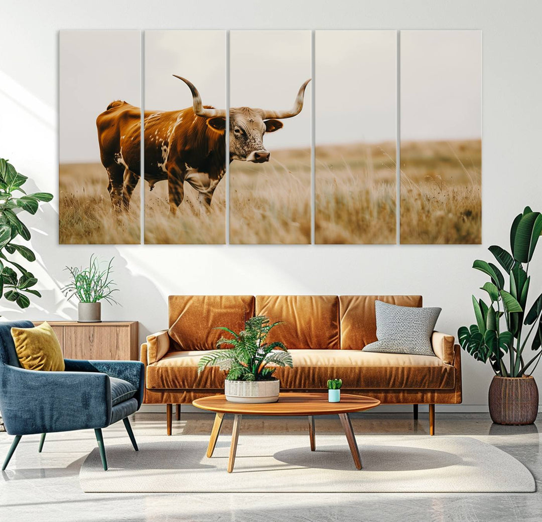 Texas Cow Longhorn Wall Art Canvas Print for Farm House Wall Decor, Farmhouse Wall Art Print