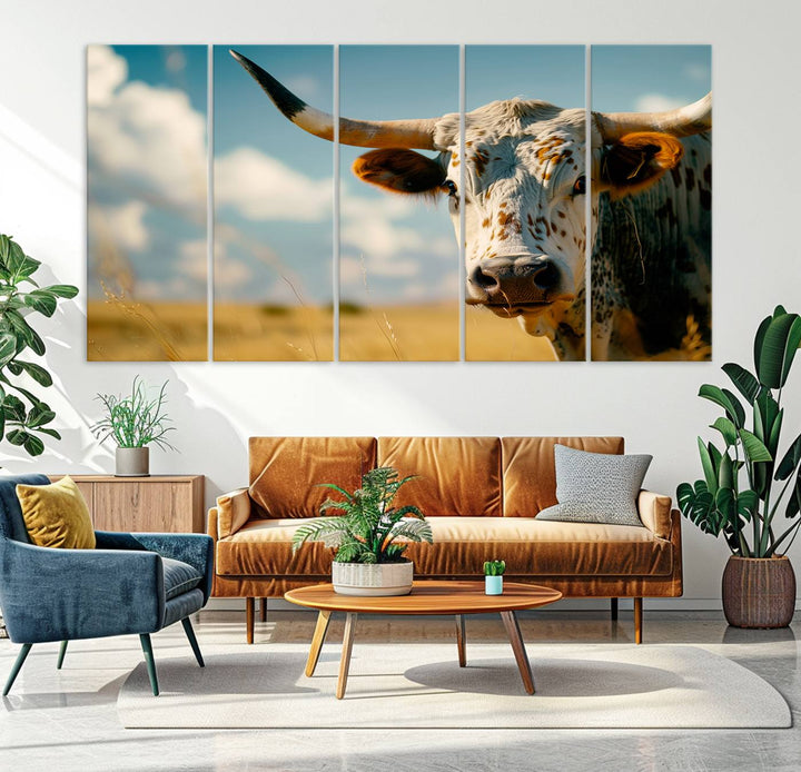 Texas Cow Longhorn Wall Art Canvas Print for Farm House Wall Decor, Farmhouse Wall Art Print