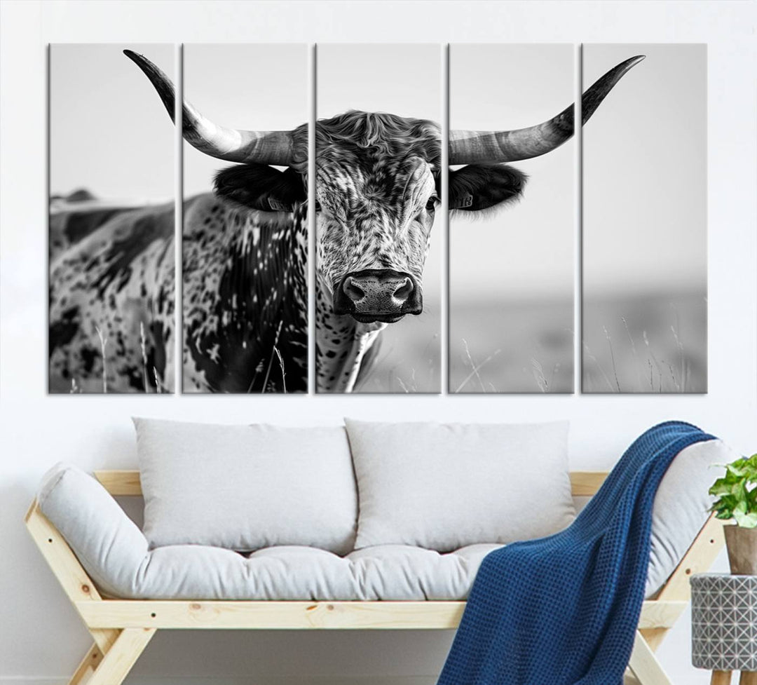 Texas Cow Longhorn Wall Art Canvas Print for Farm House Wall Decor, Farmhouse Wall Art Print