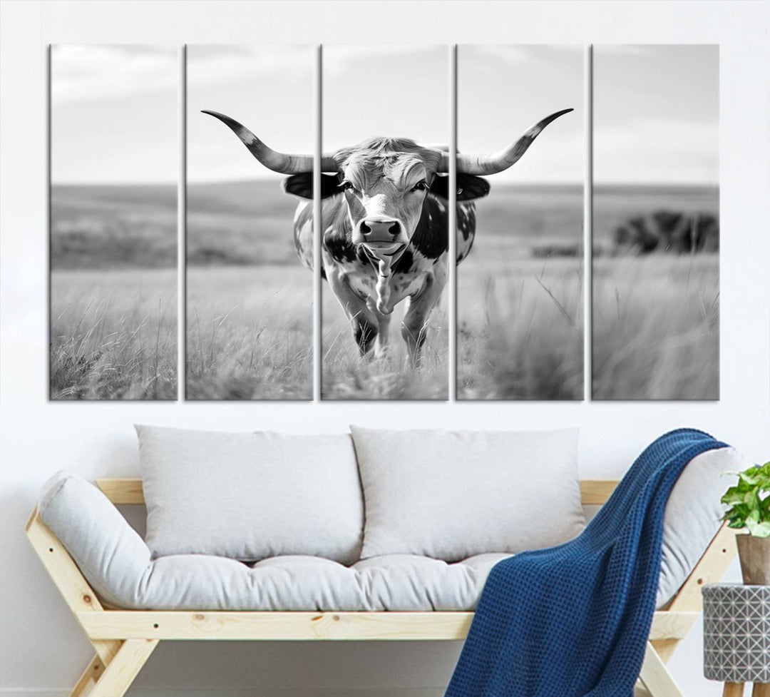 Texas Cow Longhorn Wall Art Canvas Print for Farm House Wall Decor, Farmhouse Wall Art Print