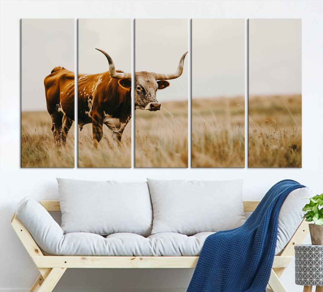 Texas Cow Longhorn Wall Art Canvas Print for Farm House Wall Decor, Farmhouse Wall Art Print