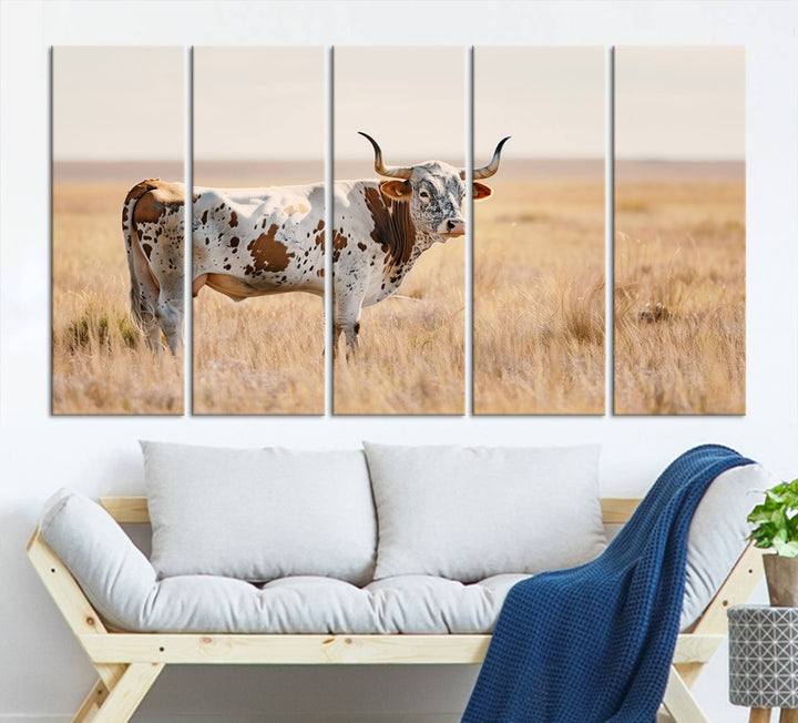 Texas Cow Longhorn Wall Art Canvas Print for Farm House Wall Decor, Farmhouse Wall Art Print