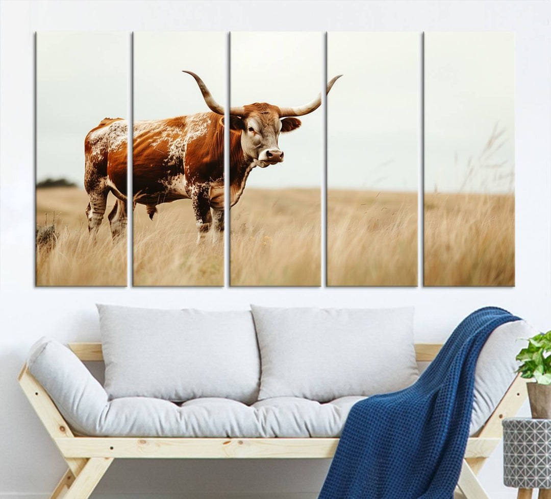 Texas Cow Longhorn Wall Art Canvas Print for Farm House Wall Decor, Farmhouse Wall Art Print