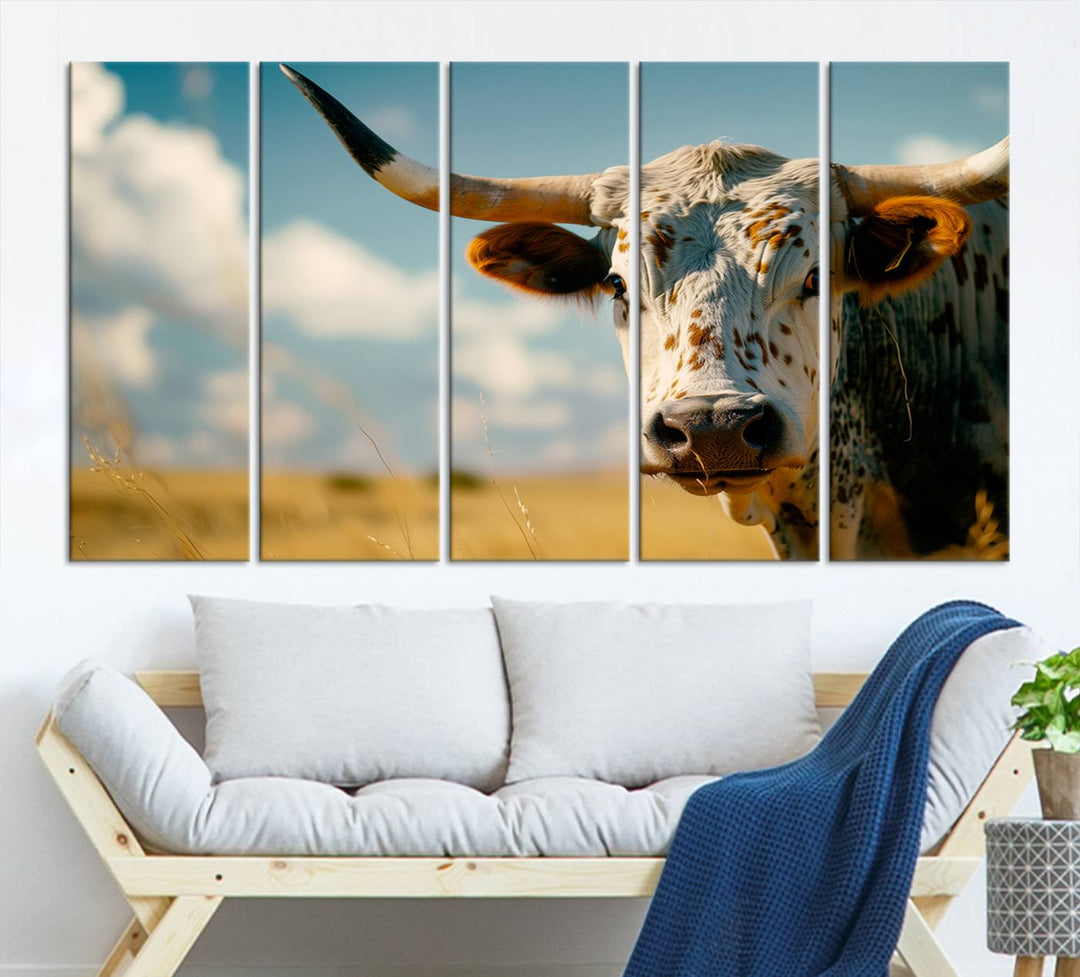 Texas Cow Longhorn Wall Art Canvas Print for Farm House Wall Decor, Farmhouse Wall Art Print