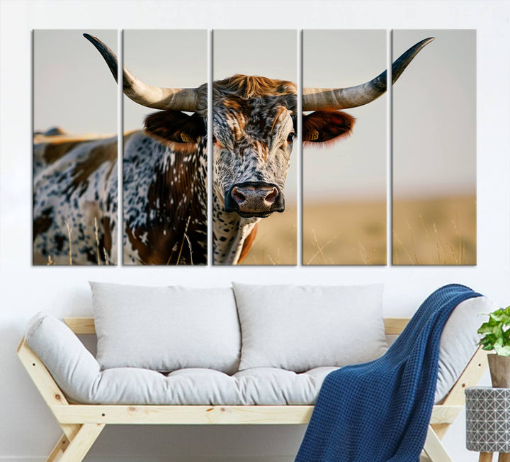 Texas Cow Longhorn Wall Art Canvas Print for Farm House Wall Decor, Farmhouse Wall Art Print