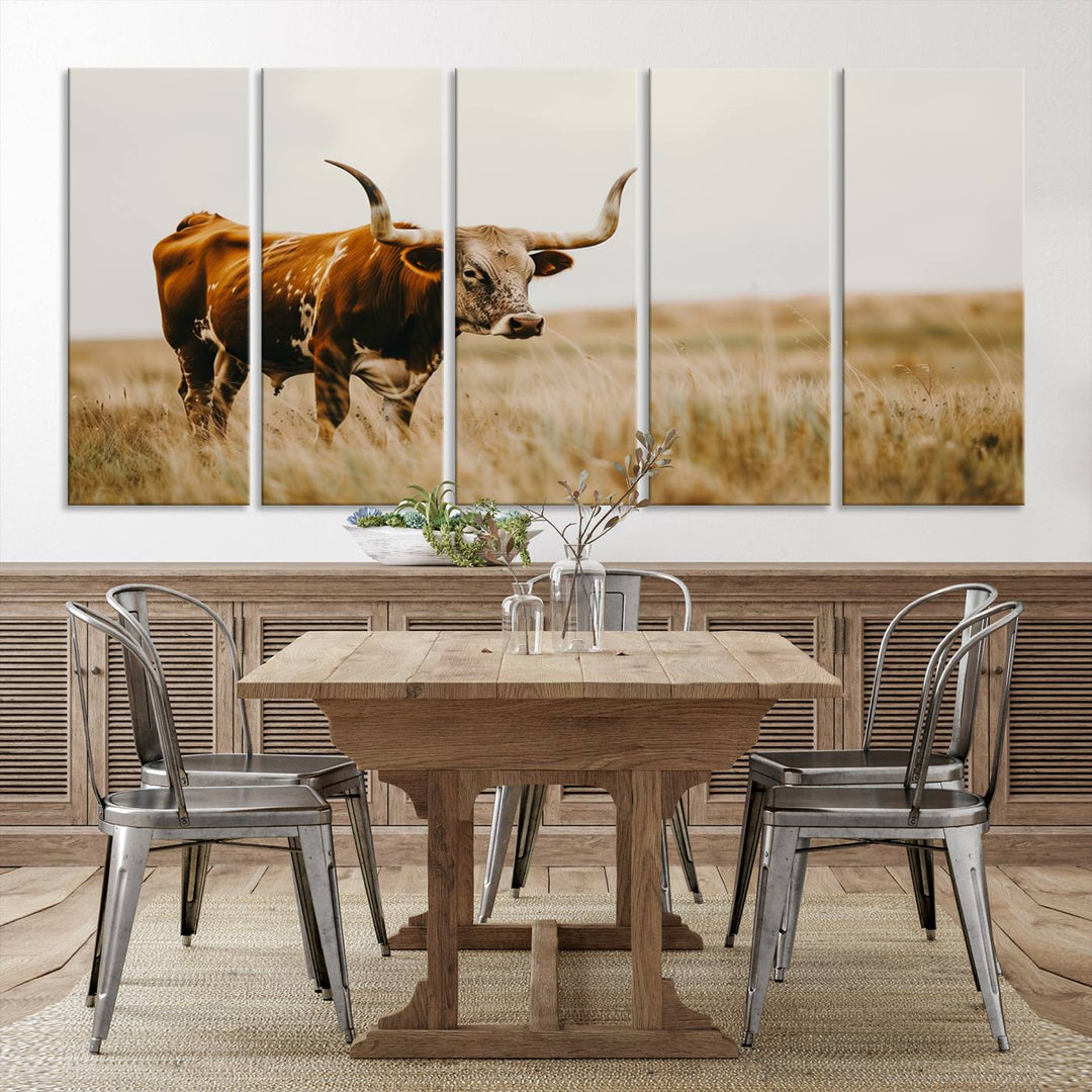 Texas Cow Longhorn Wall Art Canvas Print for Farm House Wall Decor, Farmhouse Wall Art Print