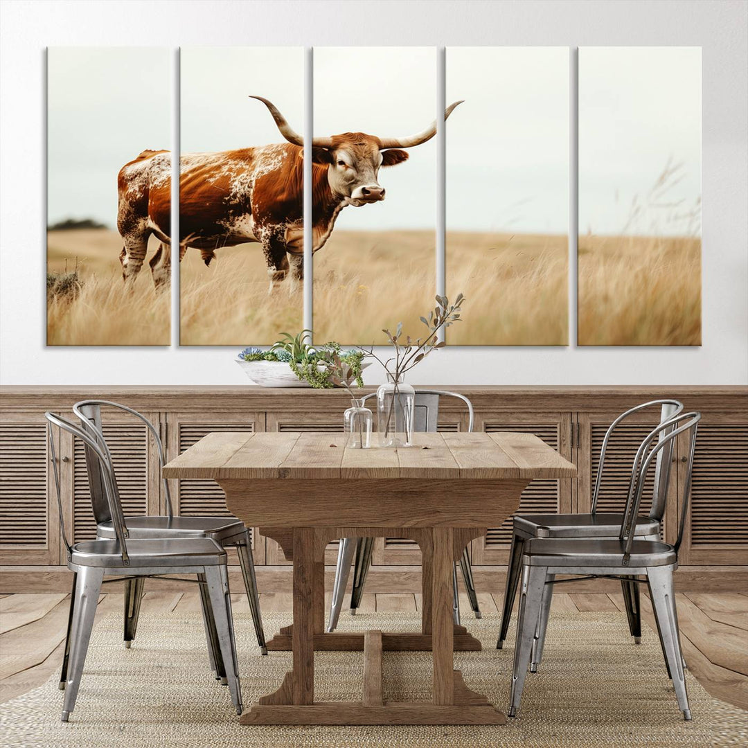 Texas Cow Longhorn Wall Art Canvas Print for Farm House Wall Decor, Farmhouse Wall Art Print