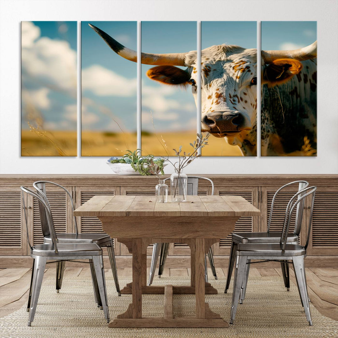 Texas Cow Longhorn Wall Art Canvas Print for Farm House Wall Decor, Farmhouse Wall Art Print