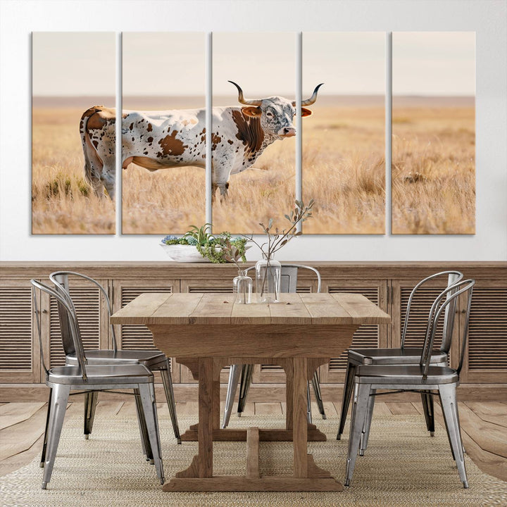 Texas Cow Longhorn Wall Art Canvas Print for Farm House Wall Decor, Farmhouse Wall Art Print