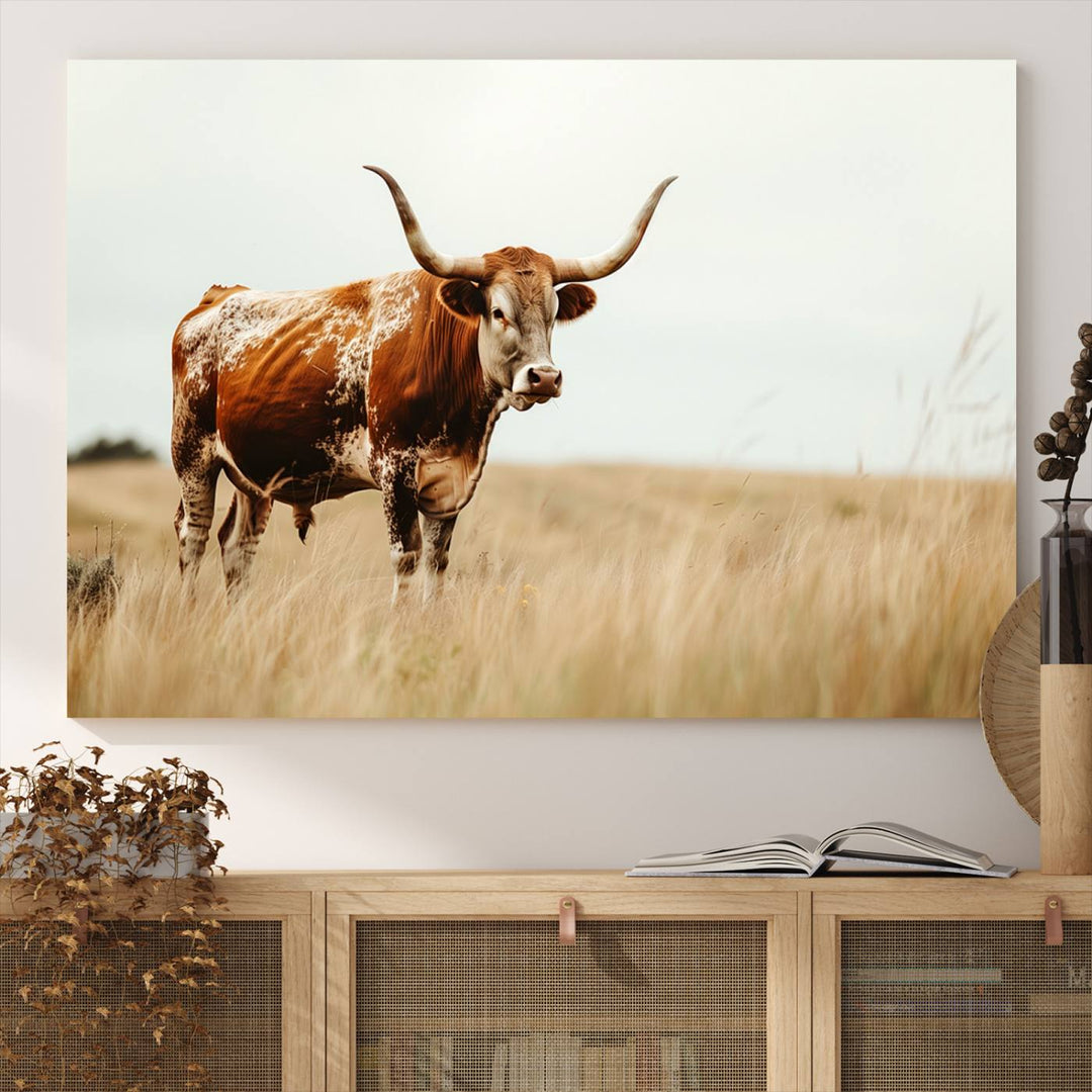 Texas Cow Longhorn Wall Art Canvas Print for Farm House Wall Decor, Farmhouse Wall Art Print