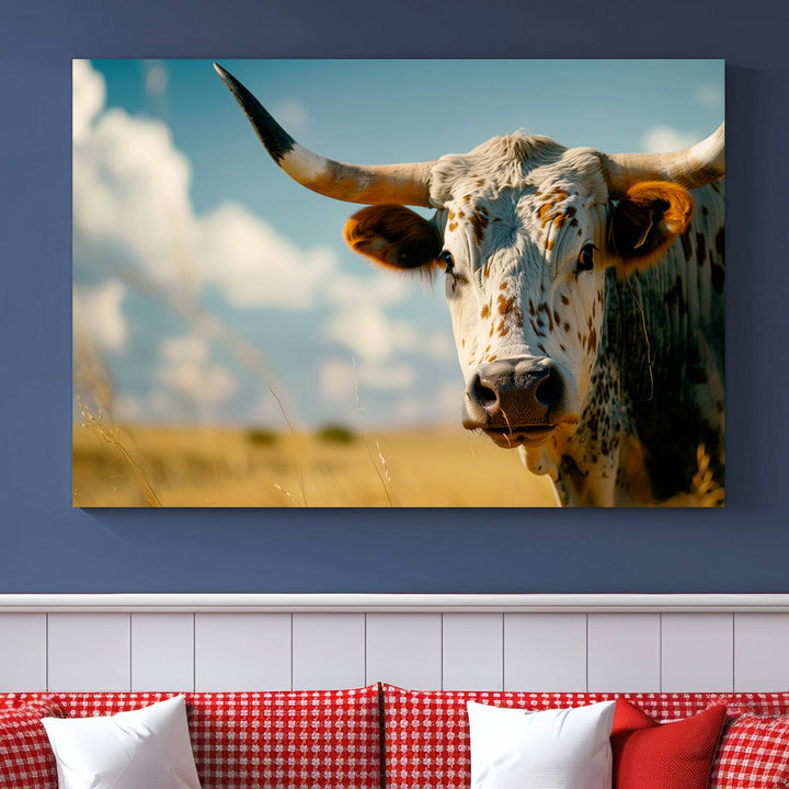 Texas Cow Longhorn Wall Art Canvas Print for Farm House Wall Decor, Farmhouse Wall Art Print