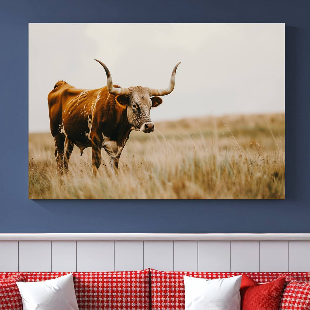 Texas Cow Longhorn Wall Art Canvas Print for Farm House Wall Decor, Farmhouse Wall Art Print