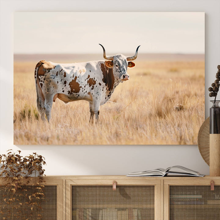 Texas Cow Longhorn Wall Art Canvas Print for Farm House Wall Decor, Farmhouse Wall Art Print