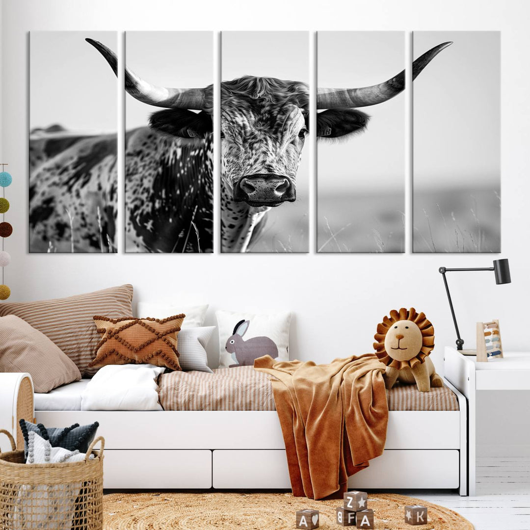 Texas Cow Longhorn Wall Art Canvas Print for Farm House Wall Decor, Farmhouse Wall Art Print