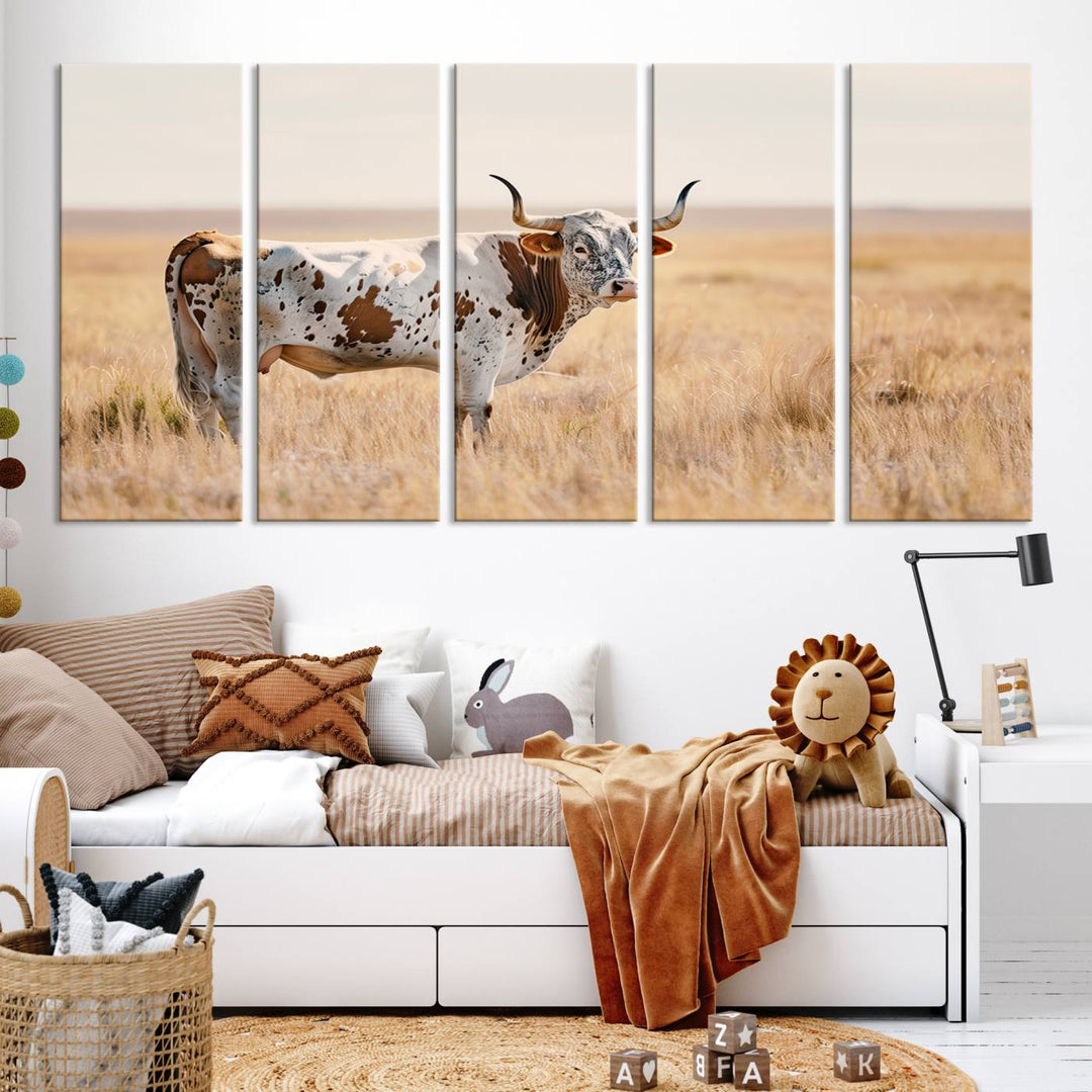 Texas Cow Longhorn Wall Art Canvas Print for Farm House Wall Decor, Farmhouse Wall Art Print