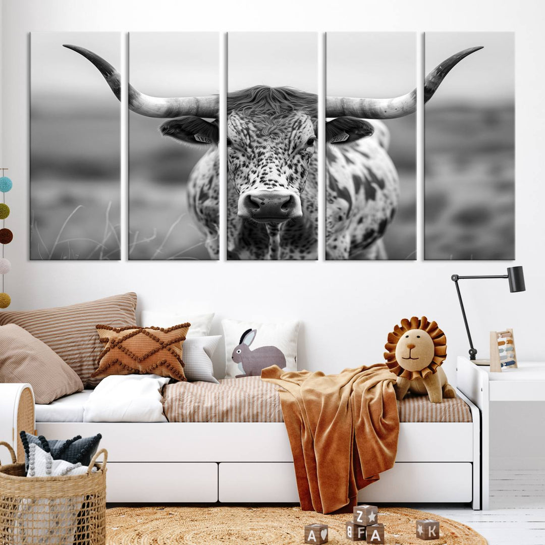 Texas Cow Longhorn Wall Art Canvas Print for Farm House Wall Decor, Farmhouse Wall Art Print