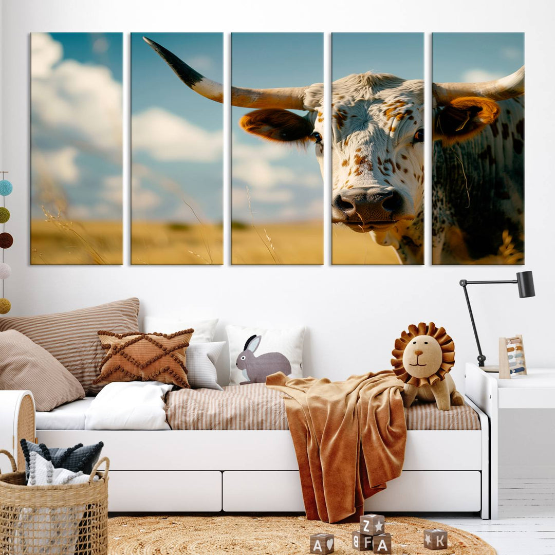 Texas Cow Longhorn Wall Art Canvas Print for Farm House Wall Decor, Farmhouse Wall Art Print