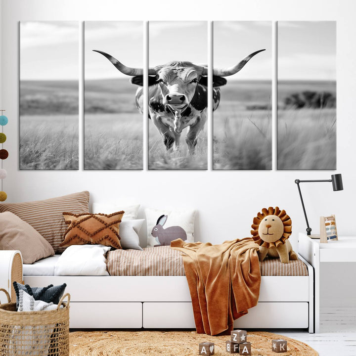 Texas Cow Longhorn Wall Art Canvas Print for Farm House Wall Decor, Farmhouse Wall Art Print