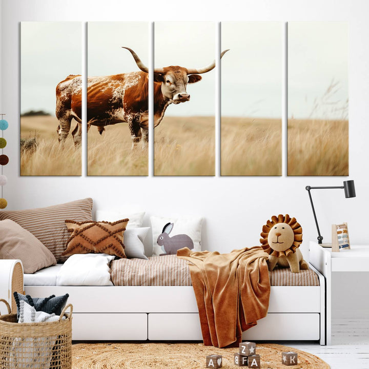 Texas Cow Longhorn Wall Art Canvas Print for Farm House Wall Decor, Farmhouse Wall Art Print