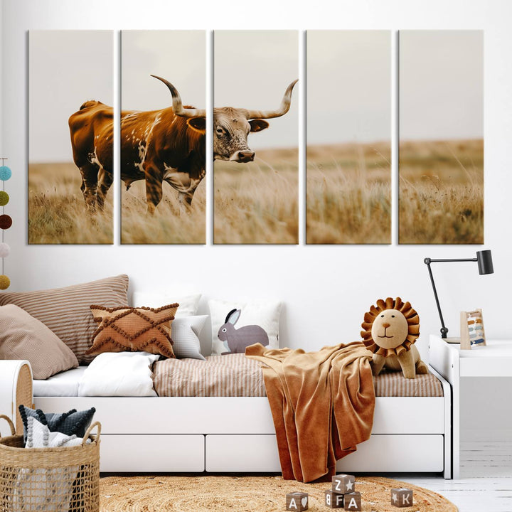 Texas Cow Longhorn Wall Art Canvas Print for Farm House Wall Decor, Farmhouse Wall Art Print