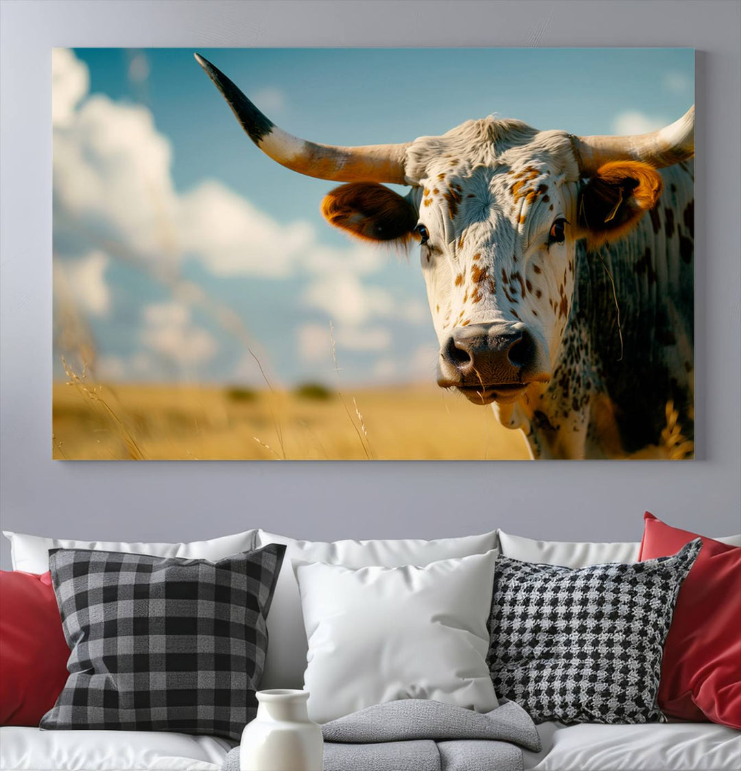 Texas Cow Longhorn Wall Art Canvas Print for Farm House Wall Decor, Farmhouse Wall Art Print