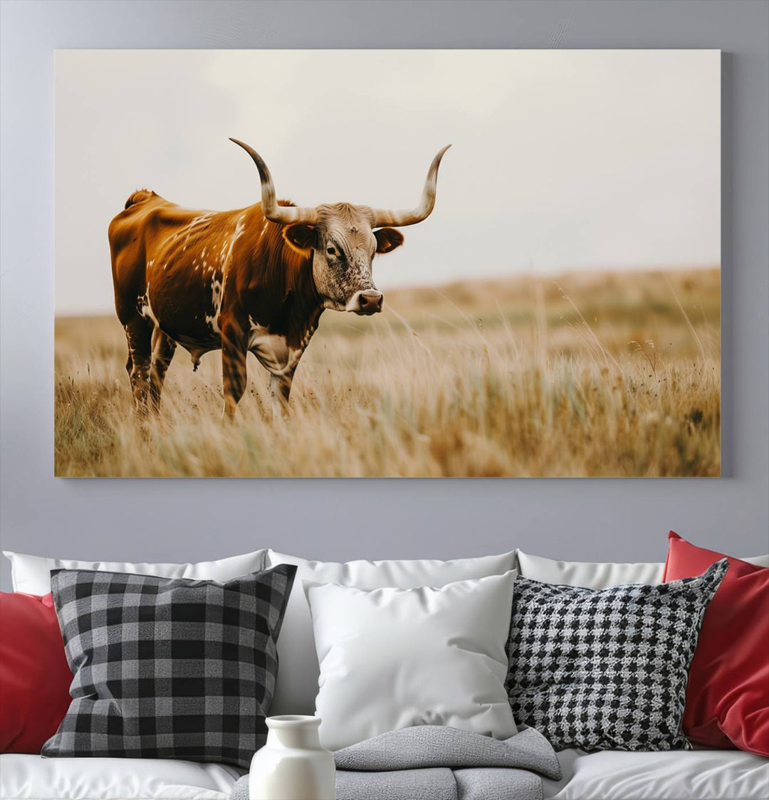 Texas Cow Longhorn Wall Art Canvas Print for Farm House Wall Decor, Farmhouse Wall Art Print