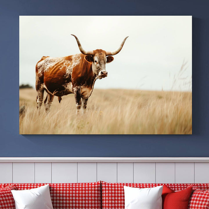 Texas Cow Longhorn Wall Art Canvas Print for Farm House Wall Decor, Farmhouse Wall Art Print