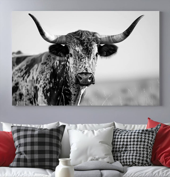 Texas Cow Longhorn Wall Art Canvas Print for Farm House Wall Decor, Farmhouse Wall Art Print