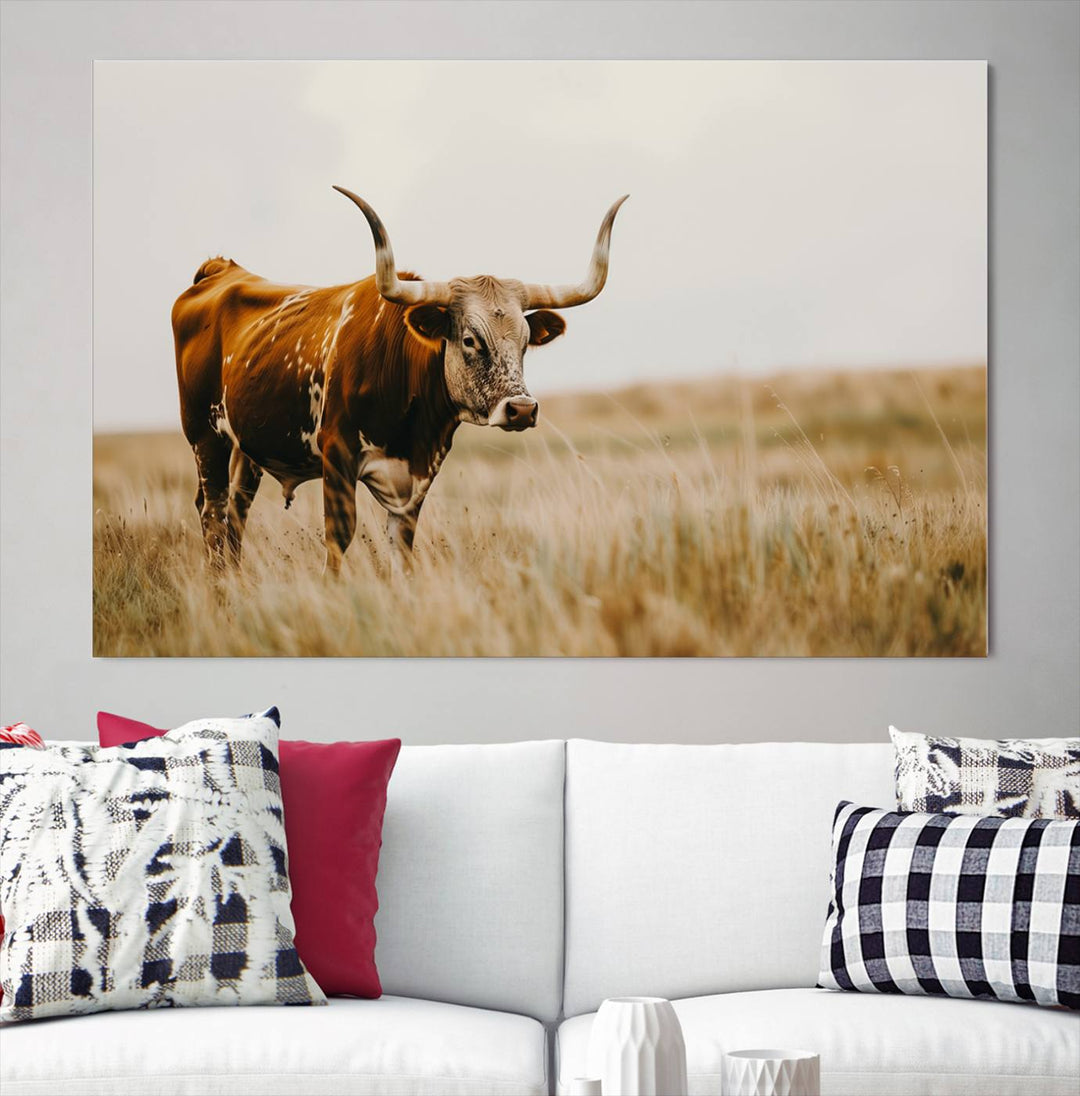 Texas Cow Longhorn Wall Art Canvas Print for Farm House Wall Decor, Farmhouse Wall Art Print